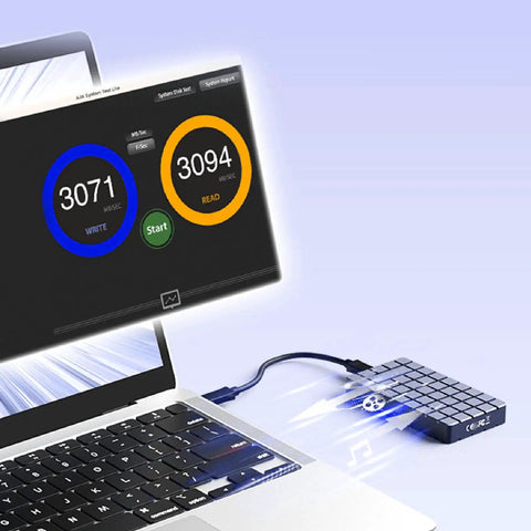 No Sweat M2 NVMe SSD Enclosure Rugged Aluminum USB4 External Drive Case connected to laptop showing read and write speeds.