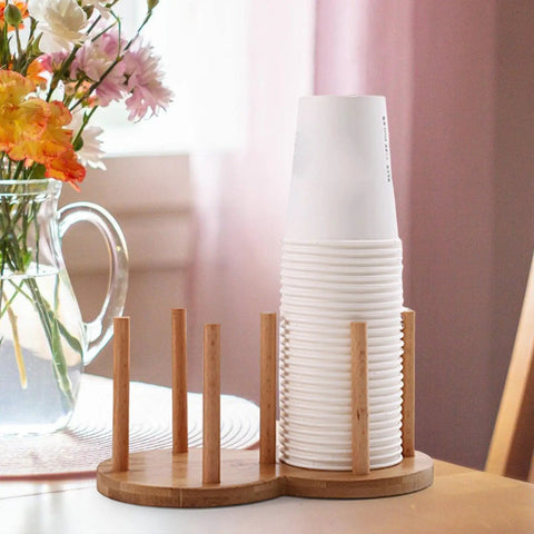 Freestanding Cup Dispenser And Storage Rack With 6 Hooks Wooden Frame And Gold Tone Wire Portable Table Cup Holder For Office Or Home Keeps Glasses And Cups Organized Dries Fast Easy To Clean And Decor Ready; stack of cups and wooden frame on table