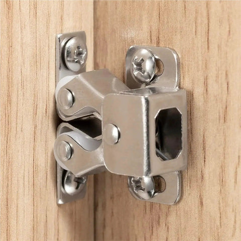 Two-Piece Twin Roller Cabinet Catch Set For Cabinets And Cupboards, 40-Piece Nickel Finish Latch Hardware With Striker, mounted on wood