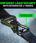 Close-up of Heavy Duty 2 Inch By 8 Foot Car Tie Down Straps With J Hooks showing integrated J-hooks and keeper clips for secure load.