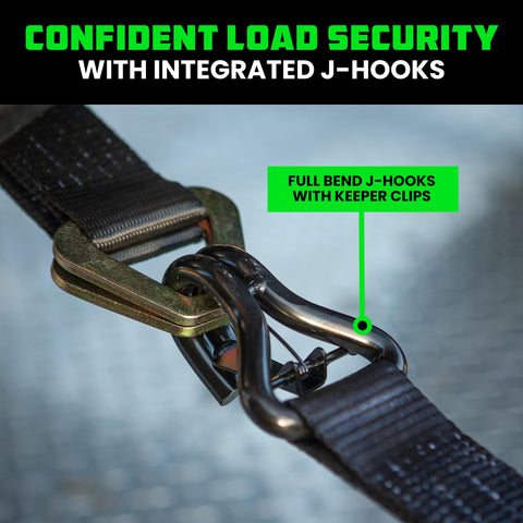 Close-up of Heavy Duty 2 Inch By 8 Foot Car Tie Down Straps With J Hooks showing integrated J-hooks and keeper clips for secure load.