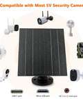 10W Solar Panel Charger For 5V Cameras With USB C, Micro USB, And DC Adapters, surrounded by compatible security cameras, IP66 waterproof