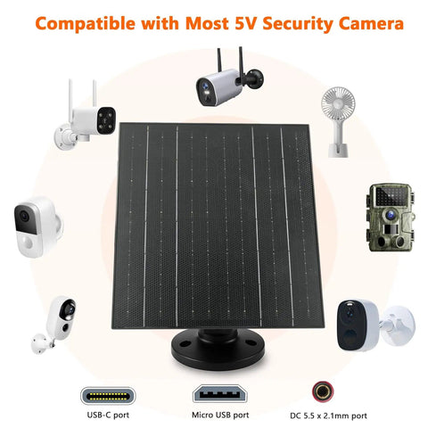 10W Solar Panel Charger For 5V Cameras With USB C, Micro USB, And DC Adapters, surrounded by compatible security cameras, IP66 waterproof