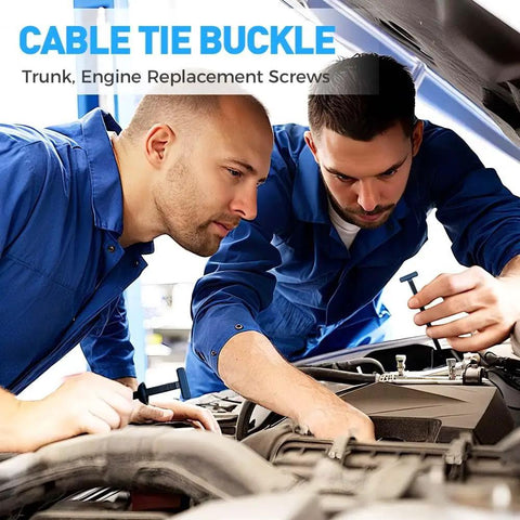 Two mechanics using Heavy Duty Self Locking Cable Tie Buckle Kit With Pin And Button, UV Resistant Zip Ties For Car Repairs