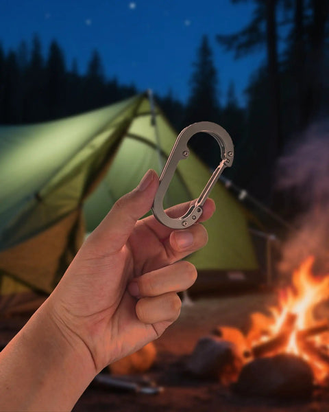 Hand holding Ultra Light Aerospace Grade Titanium Purse Hook For Table And Desk Outdoor Carabiner Clip by a campfire.