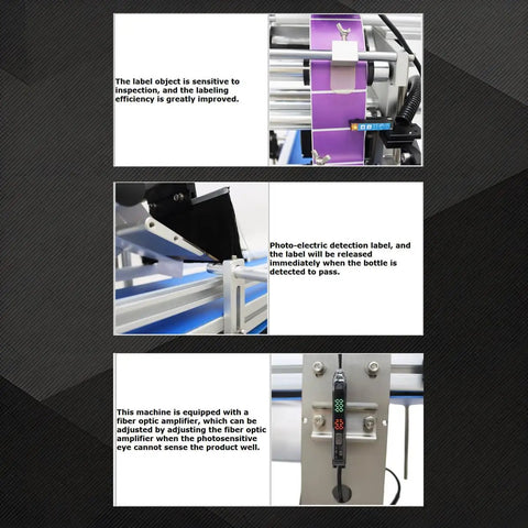 Hassle Free Automatic Desktop Conveyor Labeling Machine 110V Belt Feed Sticker Applicator showing photo-electric detection system.