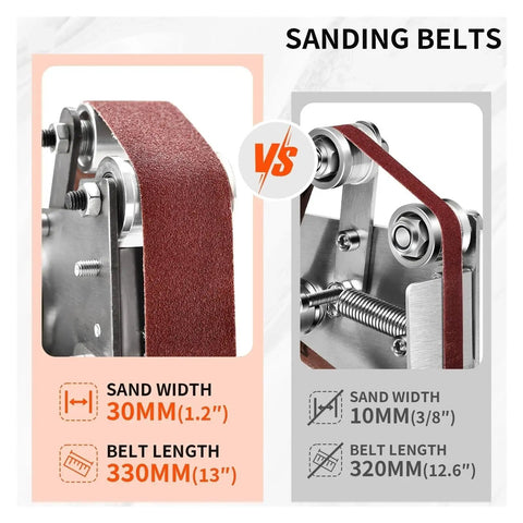 Comparison of sanding belts for Mini Electric Belt Sander For DIY Polishing And Grinding, showing different sizes and specifications.