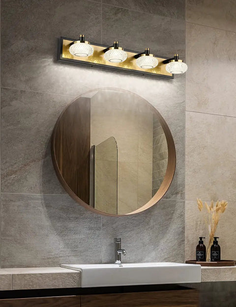 Sleek 4 Light Dimmable Bathroom Vanity Light Fixture Over Mirror, Modern LED Acrylic Wall Lights in Black and Gold, 26 Inch Long