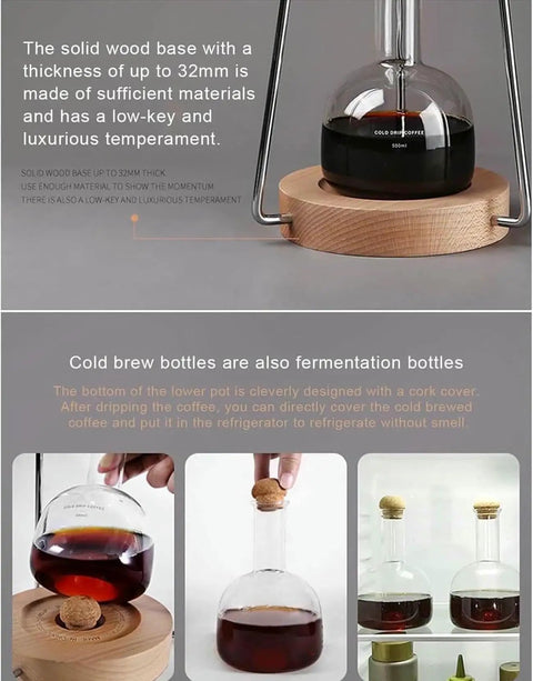 Skip The Coffee Shop Line With This Adjustable Cold Brew Drip Tower Featuring A Precision Flow Valve And Durable Heat Resistant Stainless Rack For Silky Homemade Sips. Solid wood base with 32mm thickness supports the borosilicate glass.
