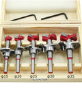 Knockout Five Piece Forstner Drill Bit Set Fifteen To Thirty Five Millimeter Tungsten Carbide woodworking hinge boring bits in wooden box.