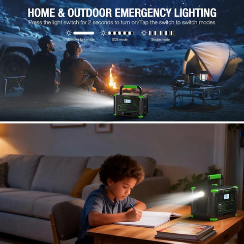 500W Portable Power Station With 519.48Wh Solar Generator Battery for home and camping, lighting tent and study desk scenes.