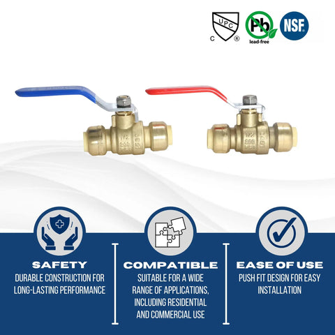 10 Pack Half Inch Push Fit Ball Valves With Clips Full Port Brass NSF ANSI 61 Certified Easy Copper CPVC Or PEX Pipe Joiner Color Coded Blue And Red Includes Free Clips For Quick DIY Plumbing, showing two valves with blue and red handles.