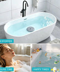 Six Inch Silicone Tub Stopper Five Pack Flat Suction Drain Plug That Locks Smooth As Silk For Bathtub Or Kitchen Sink Foul Odor Blocked Heavy Duty Rinse Ready Cover White Grey Black in a modern bathtub.