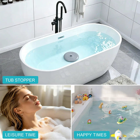 Six Inch Silicone Tub Stopper Five Pack Flat Suction Drain Plug That Locks Smooth As Silk For Bathtub Or Kitchen Sink Foul Odor Blocked Heavy Duty Rinse Ready Cover White Grey Black in a modern bathtub.
