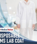 Unisex Disposable Lab Coats White Knee Length With 3 Pockets Size Large Pack Of 50 for hospitals and clinics on a mannequin.