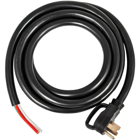 Rock Solid 25 Foot 50 Amp Generator Extension Cord With Nema 14 50P To Raw End Wire, heavy duty black cable with male connector.