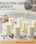 Built-In Filter 304 Stainless Steel Almond Milk Maker With 50oz Capacity, showing 7 glass cups filled with milk, nuts around.