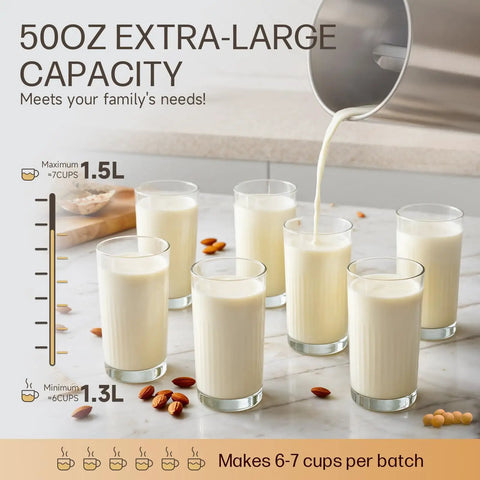 Built-In Filter 304 Stainless Steel Almond Milk Maker With 50oz Capacity, showing 7 glass cups filled with milk, nuts around.