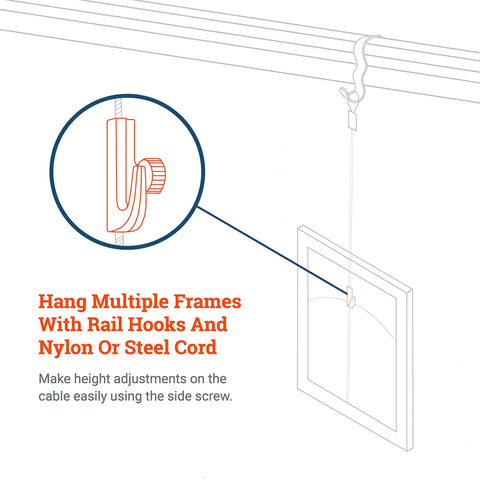 Diagram of adjustable gallery picture rail hooks for art hanging system, showing hook detail with nylon or steel cord support, 10 pack.