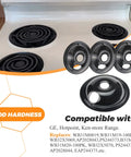 Porcelain Drip Pans 4 Pack for GE Hotpoint Range Cooktop displayed with stove showing three 6-inch and one 8-inch black pans