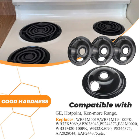 Porcelain Drip Pans 4 Pack for GE Hotpoint Range Cooktop displayed with stove showing three 6-inch and one 8-inch black pans