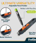 Top Tier Multifunction Scribing Tool Kit Featuring Self Locking Adjustment Pica Dry Long Life Automatic Pencil And Eight Versatile Refill Leads For Dead On Precision Marking And Hella Quick Layouts Black with adjustable pencil holder.