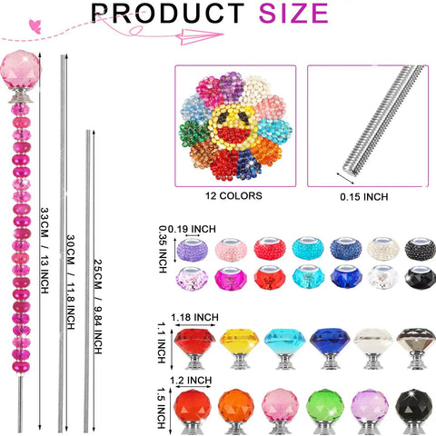 300 Piece Killer Quality Fairy Garden Stake Kit With Brilliant Crystal Diamond Tops And Stainless Steel Threaded Rods product size details and colorful beads