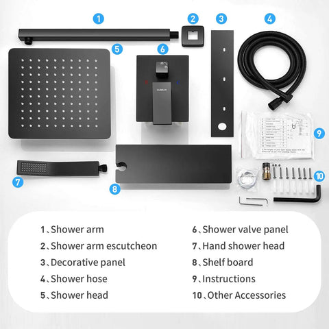 Components of Matte Black Shower System With 10 Inch Rainfall Shower Head Handheld Shower Wall Mounted Faucet Set Complete Valve Body And Trim Included displayed.