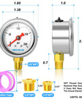 Front and side views of Meanlin glycerin-filled stainless steel pressure gauge, 0–200 psi, 1/8 NPT, 1.5 in. face.