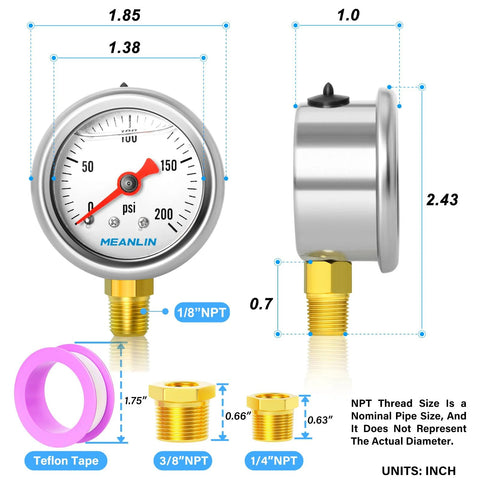 Front and side views of Meanlin glycerin-filled stainless steel pressure gauge, 0–200 psi, 1/8 NPT, 1.5 in. face.
