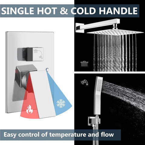 Shower Faucet Set With Rain Shower System And Handheld Spray, Chrome 10 Inch Wall Mount Shower Head, Rough In Valve And Trim Kit Included, All Metal SUS304 Stainless Steel Bathroom Spa Upgrade.