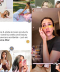 Collage of women using skincare products and influencer applying under-eye patches