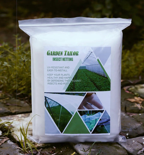 Package of 4x10 Ft Garden Bug Barrier Netting for Pest Protection, showing product details and images of netting in use.