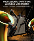 Wireless UHF Saxophone Microphone System With Clip On Instrument Mic For Sax And Trumpet, Pro Grade EQ And Echo, shown near amplifier.