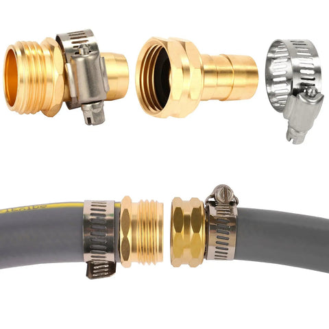 Two Pack Brass Garden Hose Repair Connector Kit With Clamps Fits 3/4 Inch Or 5/8 Inch Hose Fittings Male And Female Water Hose Repair Kit Includes Rubber Gasket And Replacement Parts For Leak Free Quick Fixes In The Yard