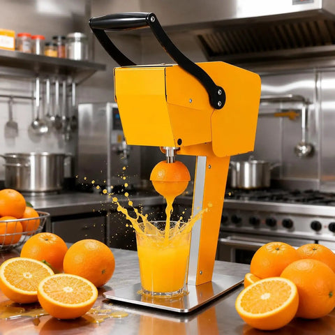 Heavy Duty Electric Citrus Juicer With Three-Blade Steel Cutter Head For High Yield And Quick Press Operation Detachable Design extracting juice from an orange in a kitchen.