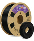 Front view of Overture TPU 1.75mm black 1kg filament spool on cardboard reel with purple label