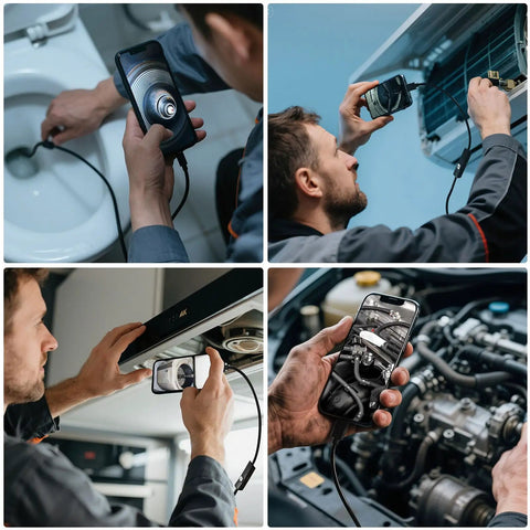 Using HD Endoscope Camera With Light 1920P Borescope in home plumbing and automotive inspection scenarios.