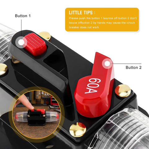 Close-up of Heavy Duty 60A Manual Reset Inline Fuse with red buttons for overload protection in RVs and car audio.