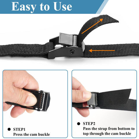 Adjusting Four Pack Tie Down Straps 0.78 Inch Wide By 5 Foot Long With Buckles, showing hand using cam buckle to secure strap