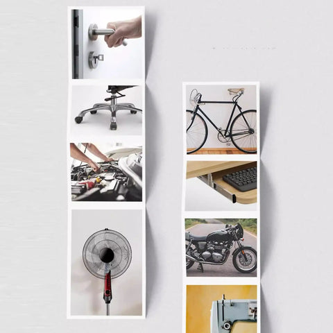 Collage of door hinge, office chair, bicycle, machinery, fan, motorcycle, and sewing machine for Door Hinge Lubricant Penetrating Oil use
