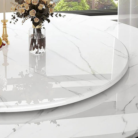 Fresh White Marble Lazy Susan Featuring Hella Smooth 360 Degree Rotation Round Serving Tray on a dining table with flowers.