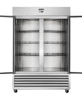 No Fuss Commercial Reach In Freezer 54 Inch Wide Double Glass Door 46 Cubic Feet interior with shelves and stainless steel build.