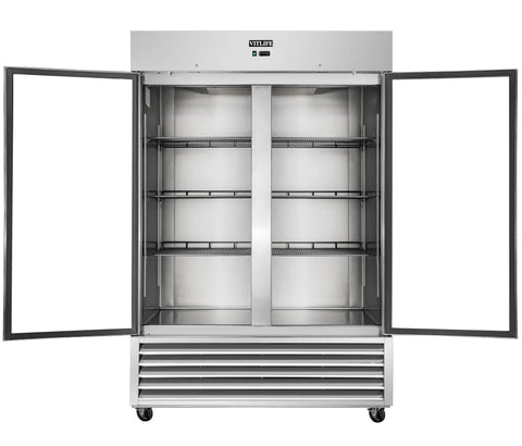 No Fuss Commercial Reach In Freezer 54 Inch Wide Double Glass Door 46 Cubic Feet interior with shelves and stainless steel build.