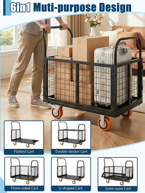Beast Of A 6 In 1 Platform Truck With Cage Foldable Hand Truck And Dolly Flatbed Cart for groceries, laundry, warehouse