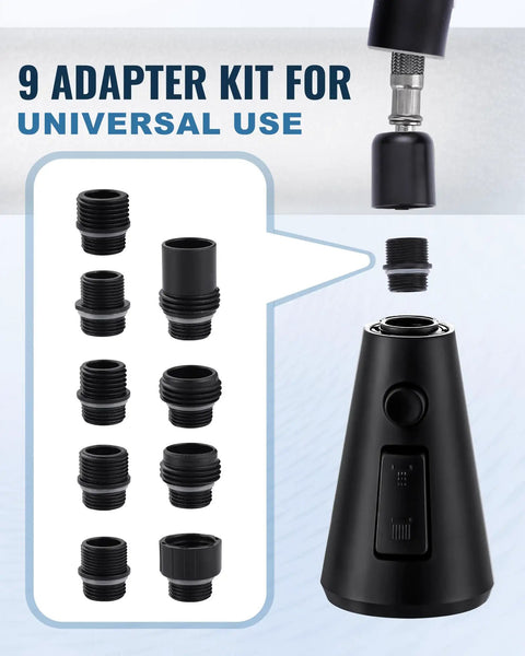Nine universal adapter kits for Heavy Duty Pull Down Kitchen Faucet Head Replacement in matte black, designed for versatile use.