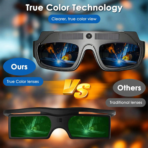 Top Shelf Auto Darkening Welding Goggles With Solar Powered True Color Lens For Grinding And Heavy Duty Projects, showcasing true color vs traditional lenses.