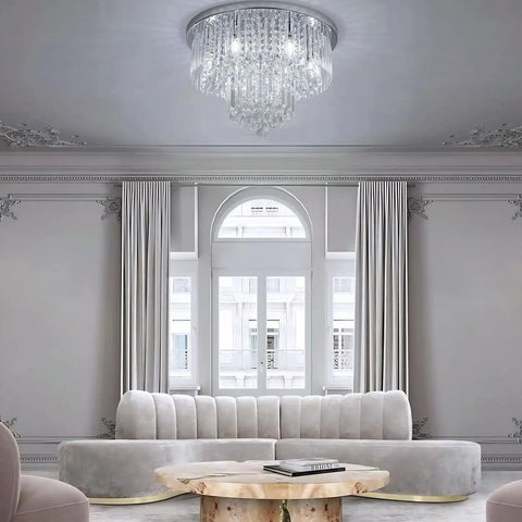 Dope Modern Crystal Chandelier Flush Mount Light With 5 Raindrop Crystals Chrome Silver Ceiling Fixture in living room
