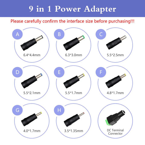 9 different tip sizes of 5V 2A DC Power Adapter With 9 Interchangeable Jacks 5.5x2.1mm 100-240V AC Input To 5V DC Output 10W Cable