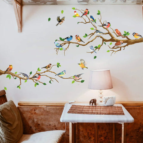 Hummingbird On Tree Branch Wall Sticker Set With Green Leaf And Flying Bird DIY Vinyl Wall Decal in a cozy room setting.